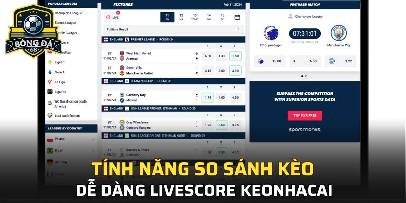 Tính năng so sánh kèo dễ dàng Livescore KeoNhaCai